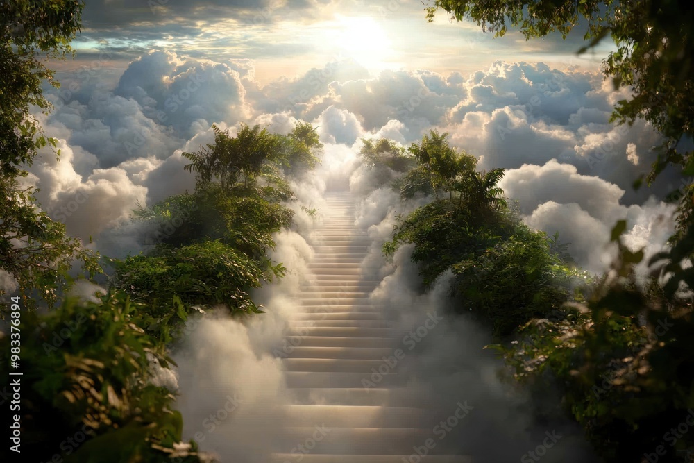 Path to eternal bliss: The road leading to heavenly paradise, representing religious concept of life after death, soul embarks on a journey toward immortality, divine, everlasting sanctuary.