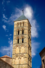 Poster - Romanesque tower of the church of San Esteban (12th century), in Plaza de San Esteban in Segovia, Castilla y Leon, Spain, perspective view with intense blue sky