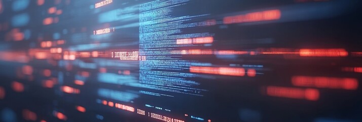 Digital Security Blue and Red Code Lines of Secure Software Development on a Blurred Background.