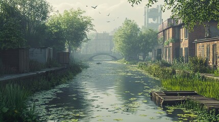 Wall Mural - Tranquil Canal Scene with Overgrown Buildings