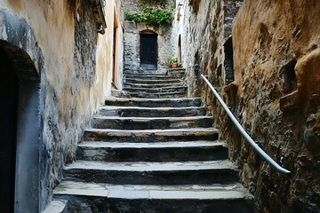 Sticker - Stone steps leading up in a narrow alleyway with aged walls and overgrown vegetation