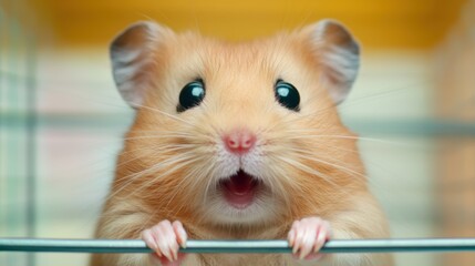 A hamster is looking up at the camera with its mouth open, AI