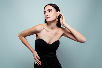 Photo of chic classy girl posing wearing diamond jewel black dress look profile side isolated grey color background