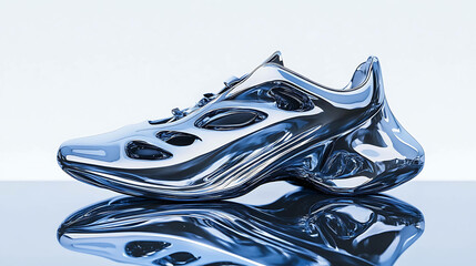 A close-up of a futuristic, chrome sneaker on a reflective surface.