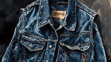 Sticker - A close-up of a classic blue denim jacket, showcasing its worn texture and intricate details.