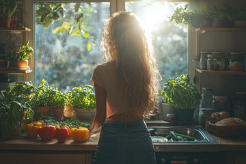 Poster - A woman preparing fresh vegetables in her kitchen, with natural light streaming through the window.