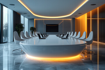 Sticker - A team of professionals brainstorming at a large, minimalist conference table, with laptops open in front of them.