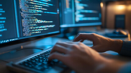 A person's hands typing on a keyboard with a computer monitor showing code in the background.