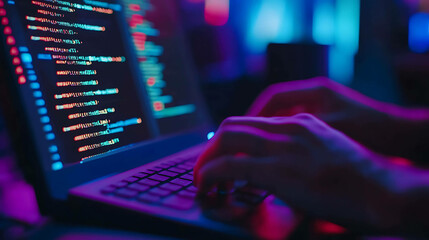 Closeup of hands typing code on a laptop.