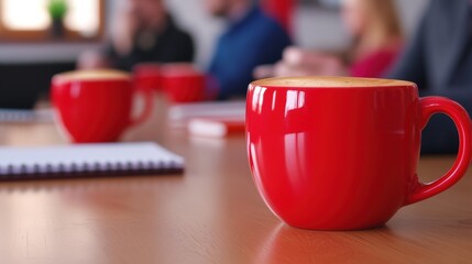 Wall Mural - A red coffee cup sitting on a wooden table with people in the background, AI