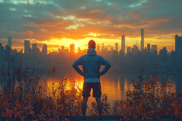 Poster - A man stretching after a morning run, with the city skyline in the distance.