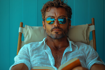 Poster - A man relaxing on a sun lounger by the pool, with sunglasses on and a book in his hands.