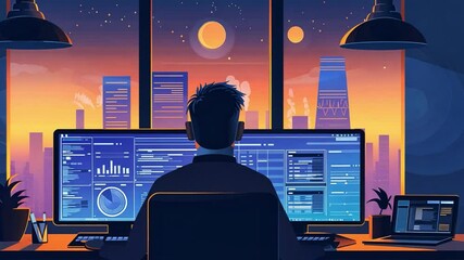 Leinwandbilder - A person sits at a desk surrounded by multiple screens, focused on data analysis while a stunning sunset illuminates the city skyline in the background.