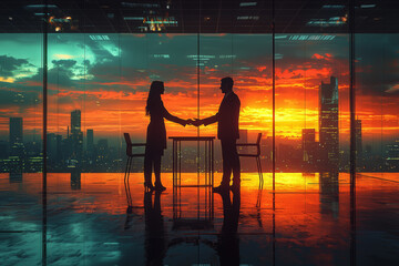 Sticker - A CEO shaking hands with a colleague in a sleek, minimalist boardroom, with only a table and chairs in the room.