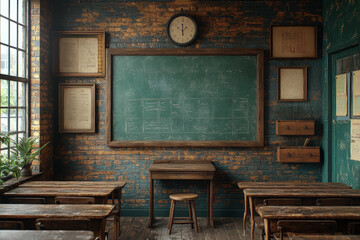 A vintage classroom with old wooden desks, a chalkboard, and historical educational materials, representing the school experience of past decades. Concept of education history.