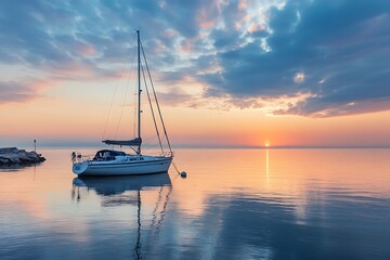 Wall Mural - Sailboat at Sunset with Calm Water and Colorful Clouds