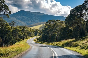 Winding asphalt road through lush green forest with mountains and cloudy blue sky in the background