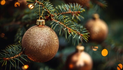 Wall Mural - Golden Christmas baubles hanging on a Christmas tree branch with a blurred background