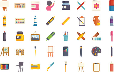 Poster - Collection of colorful icons representing various artist tools and equipment used for drawing, painting, and other art forms