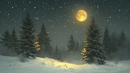  serene winter night scene featuring snow-covered pine trees illuminated by a bright full moon