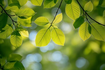 Canvas Print - Sunlight shining through green leaves in forest, spring nature background