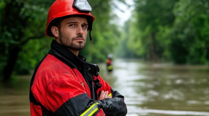 Canvas Print - A man in a red hard hat standing next to water, AI