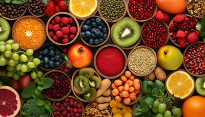 Wall Mural - Health food for fitness concept with fruit, vegetables, pulses, herbs, spices, nuts, grains and pulses. High in anthocyanins, antioxidants, smart carbohydrates, omega 3, minerals and vitamins.   