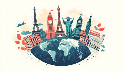  Globe artwork showcasing iconic monuments, creating a travel-themed background.