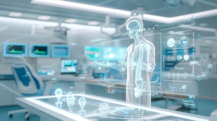 Canvas Print - A futuristic medical lab featuring a holographic figure interacting with digital data on a high-tech table.