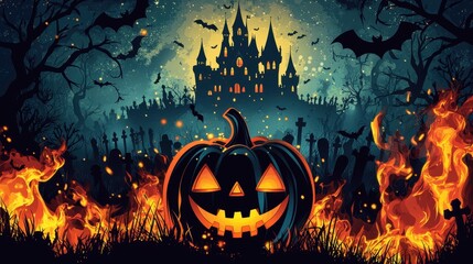 Poster - Halloween Jack o Lantern in a Haunted Forest with Castle and Flames