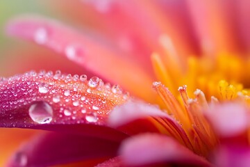 Wall Mural - Close up of water droplets on a pink flower petal with blurred background