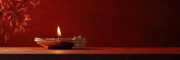 Diwali concept with burning wax candle for 2024 holiday, solid background, copy space