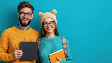 Poster - A man and woman in sweaters holding notebooks with pens, AI