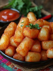 Wall Mural - Crispy Fried Potato Bites with Ketchup and Parsley Garnish