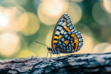 Wall Mural - Colorful butterfly with blurred bokeh background on wooden surface