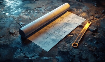 A rolled blueprint and a ruler on a textured surface, suggesting design and planning.