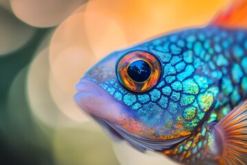 Wall Mural - Close up Macro of a Vibrant Blue and Orange Fish Eye