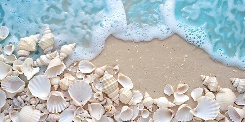 Off-white seashells collected on a sandy beach, arranged in a decorative pattern against a backdrop of clear blue ocean waves, symbolizing coastal tranquility.