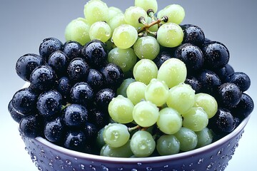 A bowl filled with black and green grapes, each covered in water droplets, looking fresh and ready to eat