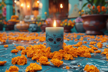 Canvas Print - A thoughtful scene of a single candle burning on a Day of the Dead altar, surrounded by marigold petals and personal mementos, symbolizing a quiet tribute.