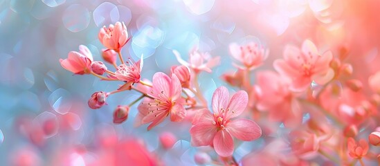 Blooming spring flowers with delicate pink petals and a soft blurred vibrant background  The image showcases the beauty and elegance of nature s floral displays with a serene and calming atmosphere