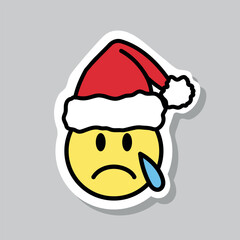 Wall Mural - crying santa emoji with tear, sad face christmas sticker with santa hat on