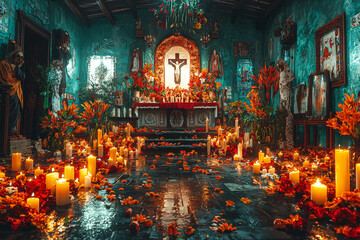 Wall Mural - A reflective scene of a quiet Day of the Dead ceremony in a small chapel, with soft lighting and meaningful symbols honoring those who have passed.