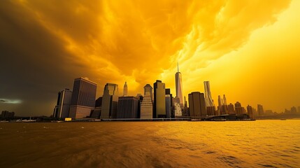 Poster - Dramatic sunset over a bustling skyline with skyscrapers reflecting the golden hues of the evening sky