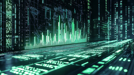 Green data lines and charts in a futuristic digital world.