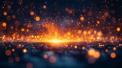Wall Mural - A mesmerizing display of glowing orange and golden particles floating above a dark surface, creating a dynamic and ethereal atmosphere. 