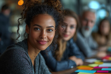 Wall Mural - A group of professionals participating in a creative brainstorming session, using colorful post-it notes and digital tools to generate innovative ideas.