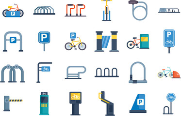bicycle parking icon set featuring parking lots, signs, and equipment for safe and secure bicycle st