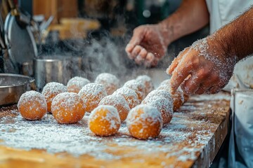 Wall Mural - Close-up of a Hand Dusting Fried Dough Balls with Powdered Sugar