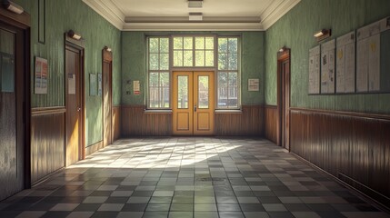 Wall Mural - Vintage School Hallway with Sunlight Streaming Through Windows